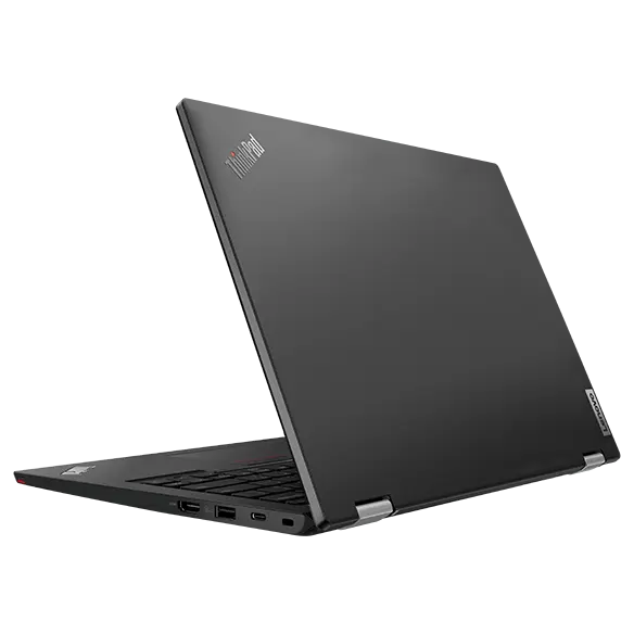 Rear view of Lenovo ThinkPad L13 2-in-1 Gen 5 laptop, open 60 degrees, showing ports.