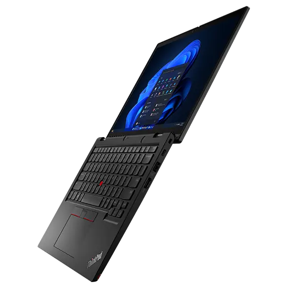 Lenovo ThinkPad L13 2-in-1 Gen 5 laptop, open 180 degrees, angled to show display and keyboard.