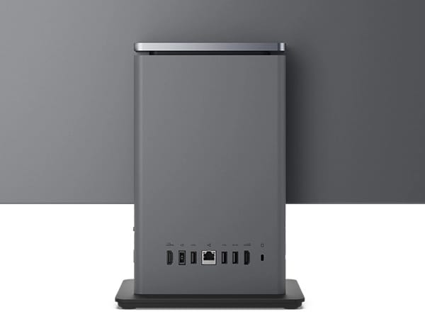 Rear view, showcasing multiple ports, of a modern desktop computer, Lenovo ThinkCentre Neo 50a Gen 5 (27” Intel).