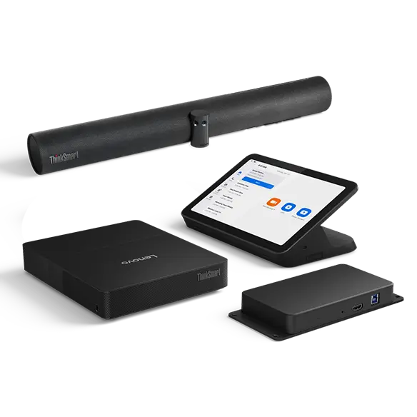 The Lenovo ThinkSmart Core Gen 2 IP Full Room Kit for Zoom with IP Controller, Lenovo ThinkSmart Bar 180 soundbar, and Lenovo Link Box.