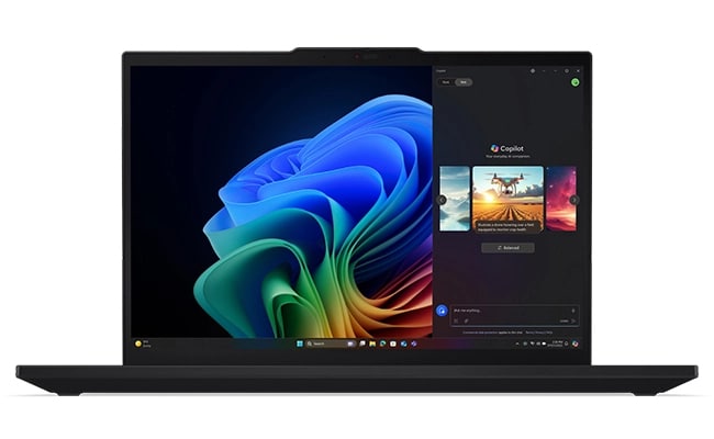 Lenovo ThinkPad T16 Gen 4 (16" Intel) laptop – front view, lid open with Copilot menu against multicolored Windows Bloom background on the display 
