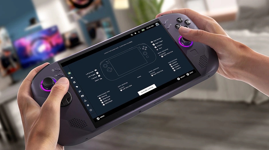 A person holding a Legion Go S Powered by SteamOS with a screen showing settings options.