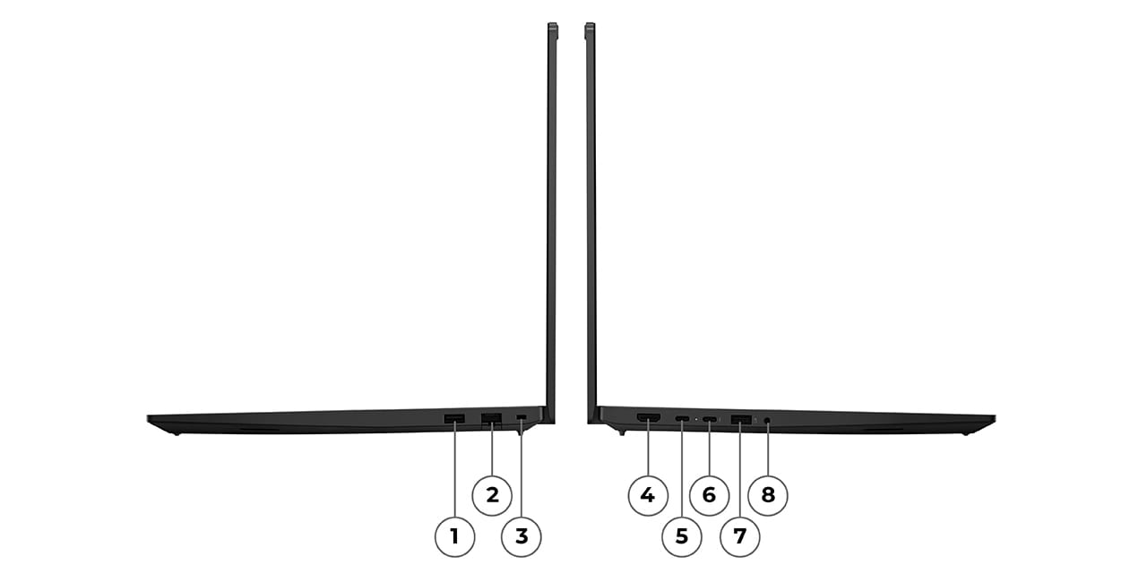 Right & left side view of Lenovo ThinkPad E16 Gen 3 (16” Intel) laptop with ports labelled from 1 to 3 & 4 to 8 respectively.