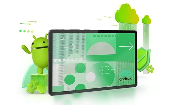 The Lenovo Idea Tab tablet with and Android interface on the display, surrounded by Android OS-related icons.טאבלט 11 Idea Tab TB336FU ZAFR0412IL Wi-Fi 4GB/128GB מבית Lenovo