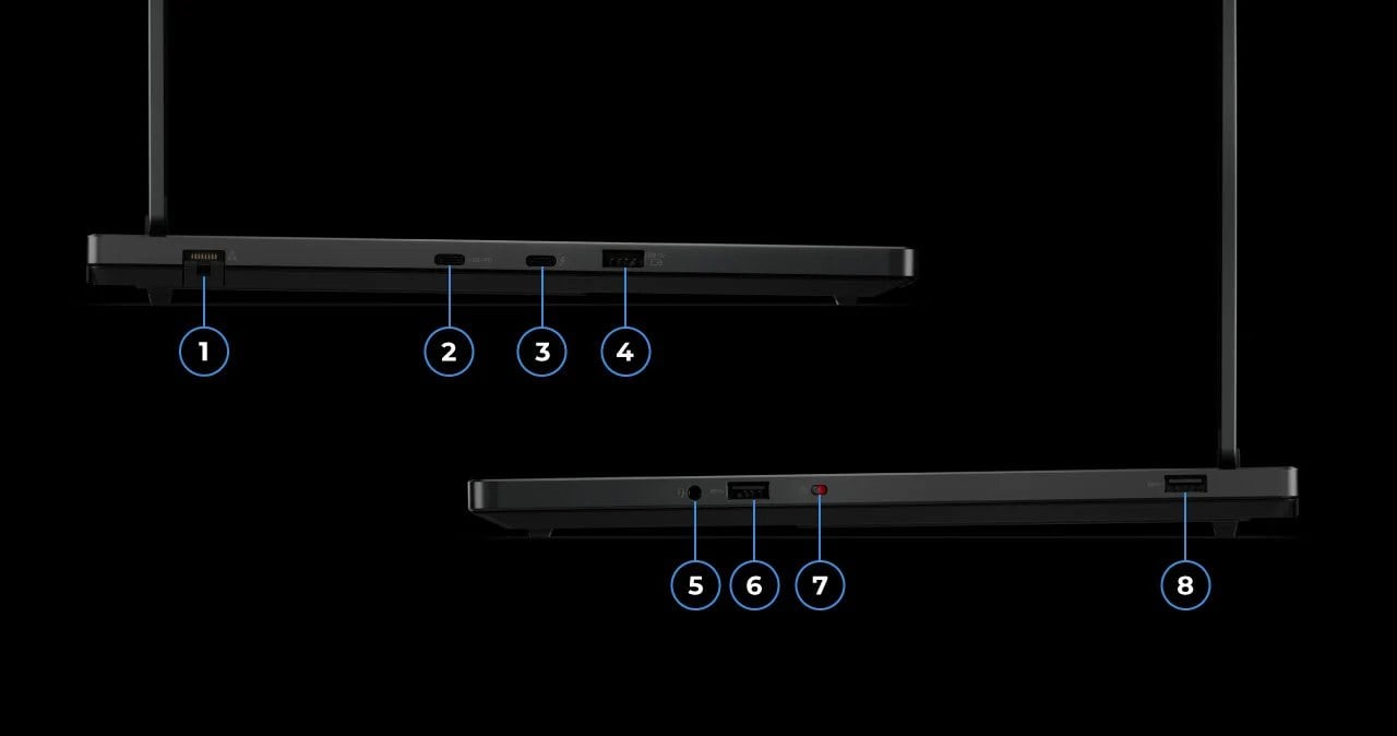 Dos portátiles para juegos Lenovo Legion Lenovo Legion 5i Gen 10 (15" Intel) - perfiles izquierdo y derecho, tapas abiertas, con puertos numerados para la identificación