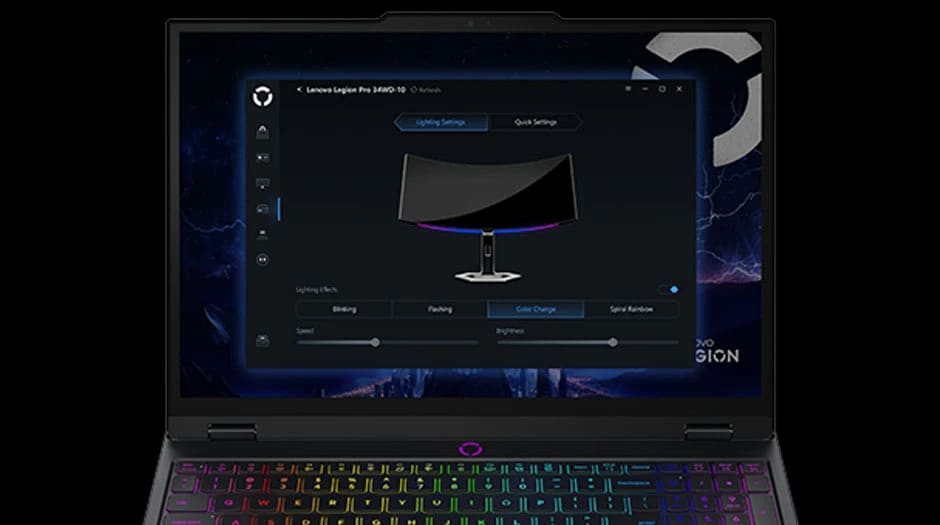 Primer plano de una pantalla de portátil para juegos Lenovo Legion Lenovo Legion 5i Gen 10 (15" Intel), que muestra un menú Legion Space