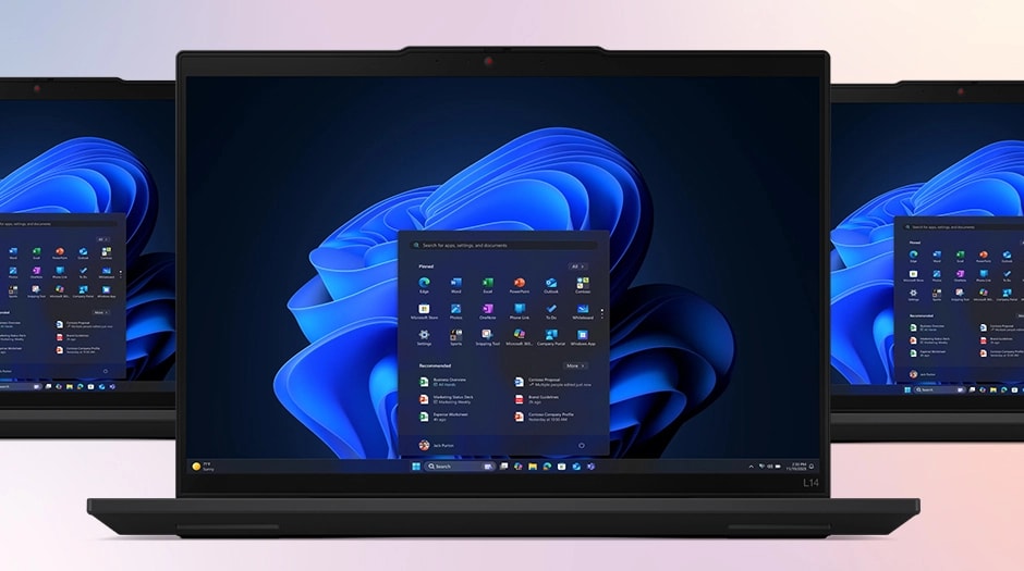 Three Lenovo ThinkPad L14 Gen 6 (14" Intel) laptops – front views, lids open, with Windows 11 menu in front of Windows bloom background on each display