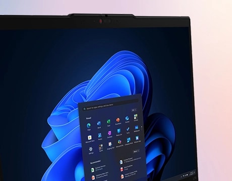 Lenovo ThinkPad L14 Gen 6 (14" Intel) laptop – close-up of Windows 11 menu in front of Windows bloom background on the display