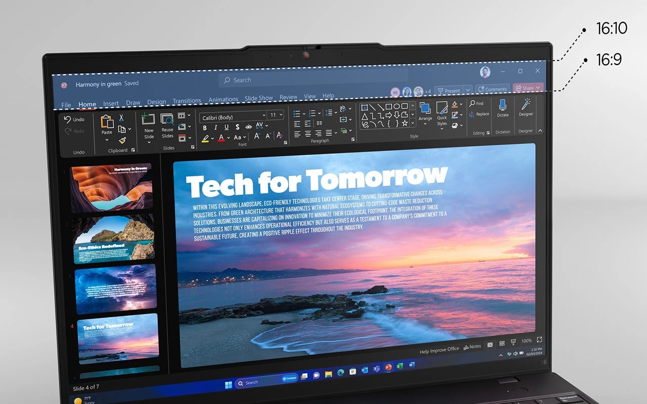 Lenovo ThinkPad L16 Gen 2 (16″ AMD) Notebook – Nahaufnahme von vorne links, aufgeklappter Deckel mit Präsentationssoftware auf dem Display