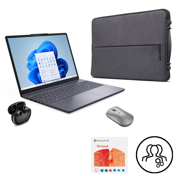 Lenovo IdeaPad Slim 3 15ARP10 + 15.6-inch Urban Sleeve Case + Lenovo E310 True Wireless Stereo TWS Earbuds - Black + Lenovo 600 BT Silent Mouse (Bluetooth) + Microsoft Office 365 Personal  + 3 year Premium Care Processador AMD Ryzen™ 5 7533HS (3,30 GHz até 4,45 GHz)/Windows 11 Home/512 GB SSD M.2 2242 PCIe Gen4 QLC
