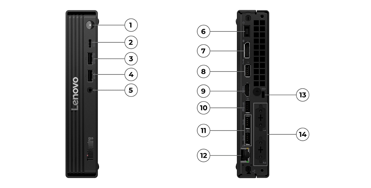 Conectați-vă la periferice și bucurați-vă de transferuri de date de mare viteză cu porturile versatile de pe PC-ul Lenovo ThinkCentre M70q Gen 6 Tiny.