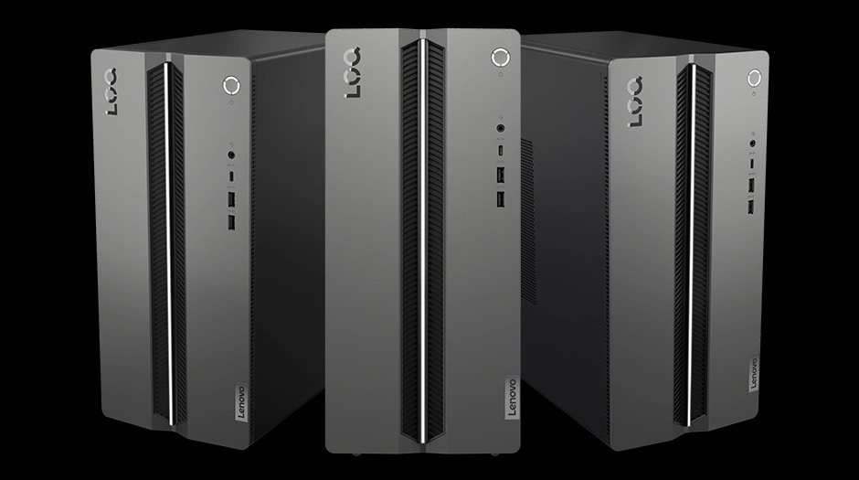 מחשב נייח LOQ Tower 17IAX10 91AY001QYS מבית Lenovo Modern, symmetrical chassis design with clean lines and high-contrast finishes on the Lenovo LOQ Tower 17IAX10 desktop.