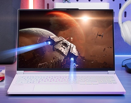 Legion 7i Gen 10 on a desk with a Star Wars spaceship battle scene on its display.