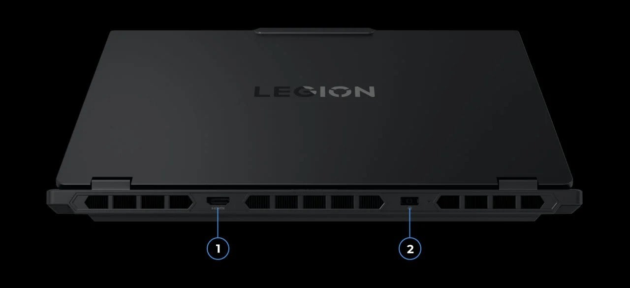 Portátil para juegos Lenovo Legion Lenovo Legion 5i Gen 10 (15" Intel) - vista trasera, tapa cerrada, con puertos numerados para identificación