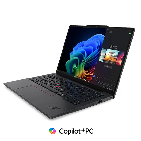 Front right angle view of the ThinkPad X13 Gen 6 (13” AMD) with a Copilot+ PC logo in the foreground.
