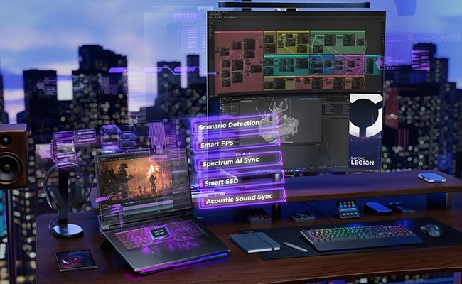 Legion 9i ejecutando software de modelado y animación 3D en una configuración de estación de trabajo multitarea.