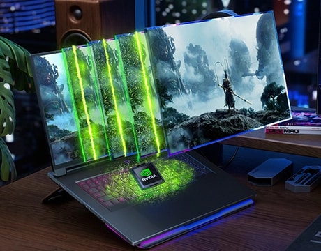 Legion 9i rodeado de títulos de juegos AAA, destacando el soporte para experiencias intensivas con soporte RTX.