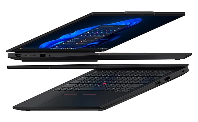Dos laptops Lenovo ThinkPad E14 de 7ma generación (14” AMD) colocados cerca uno del otro tienen un perfil delgado y la funcionalidad de emparejamiento de dispositivos sin interrupciones para lograr un rendimiento ininterrumpido.