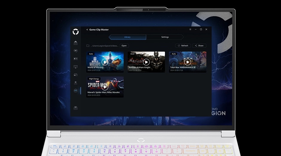 Lenovo software interface showing a game library with titles like Elden Ring and Fallout 76.