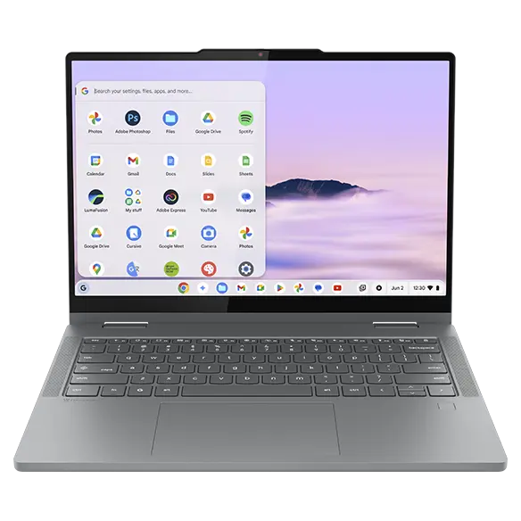 Versatile Lenovo Chromebook Plus 2-in-1 Gen 10 (14” Intel) in a tilted front view, perfect for multitasking and productivity.