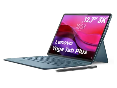 Rear View of Lenovo Yoga Tab Plus showing its camera setup & its front view focusing its 12.7 inch screen with keyboard and Lenovo Tab Pen Pro.