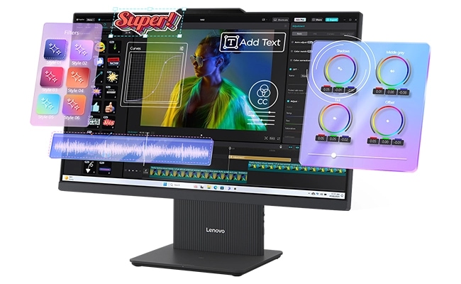 Front right view of the Lenovo IdeaCentre AIO Gen 10 (24" AMD) all-in-one Copilot+ PC with visual elements emerging from the display.
