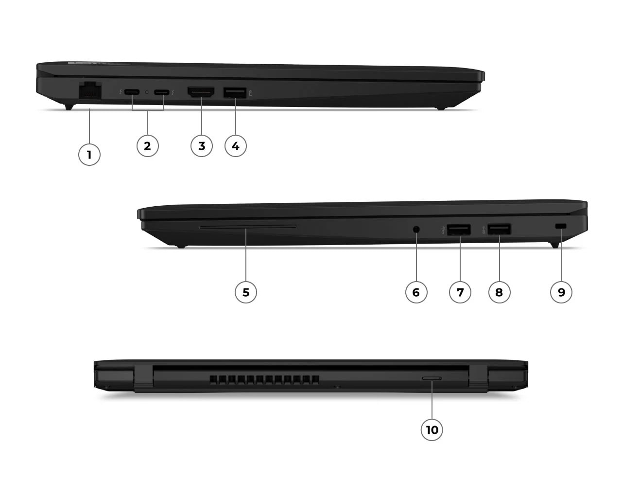 Porturile din st&acirc;nga includ un ethernet, 2 porturi USB-C Thunderbolt 4, HDMI și un port USB-A; porturile din dreapta includ un slot pentru lacăt, 2 porturi USB-A, o mufă audio și un cititor de carduri inteligente opțional; partea din spate prezintă cititorul de carduri SIM opțional.