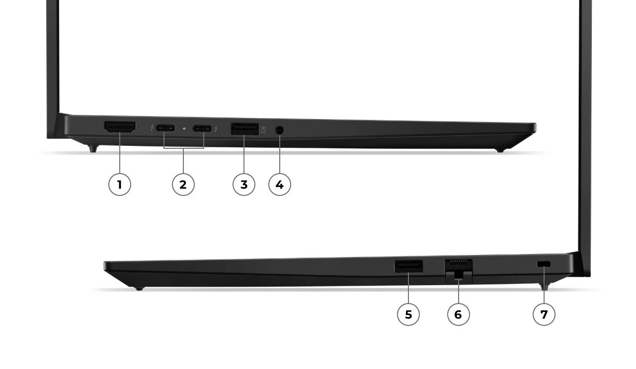 Two Lenovo ThinkPad E14 Gen 7 (14" Intel) laptops โ left and right profiles, lids open, with ports and slots numbered for identification