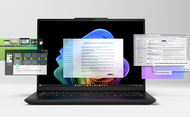 Lenovo ThinkPad E14 Gen 7 (14" Intel) Notebook – Vorderansicht mit geöffnetem Deckel und einem Windows 11 Menü vor einer Windows-Farbblume auf dem Display und mehreren App-Bildschirmen, die aus dem Display zu kommen scheinen.
