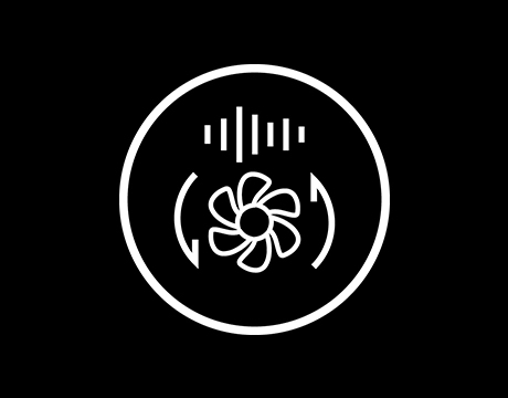 Circular logo containing vertical lines and a drawing of a fan.