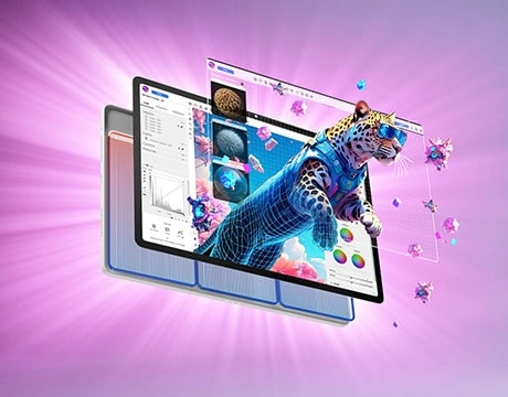 Lenovo Yoga Tab tablet&ndash; seashell, landscape orientation, front-left view, with an illustration of a leopard on the display, both appearing to jump out of the tablet chassis. טאבלט Yoga Tab&nbsp;TB710FU ZAG60037IL Wi-Fi 12GB/256GB&nbsp;מבית&nbsp;Lenovo