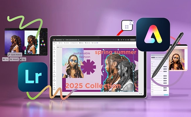Lenovo Yoga Tab tablet – shell color, landscape, front view, with Adobe Express and Lightroom screens where icons and menus appear to float out of the screen.