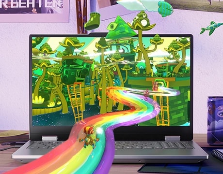 Lenovo LOQ Essential 15IRX11 gaming laptop on a desk – front view, lid open, with an illustrated forest and rainbow trail on the display and appearing to pop out of it.