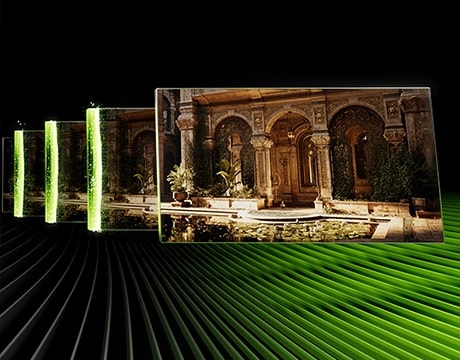 Green-bordered images of a portico hover over a series of green lines. מחשב נייד Legion Pro 7 16AFR10H 83RU001RIV מבית Lenovo