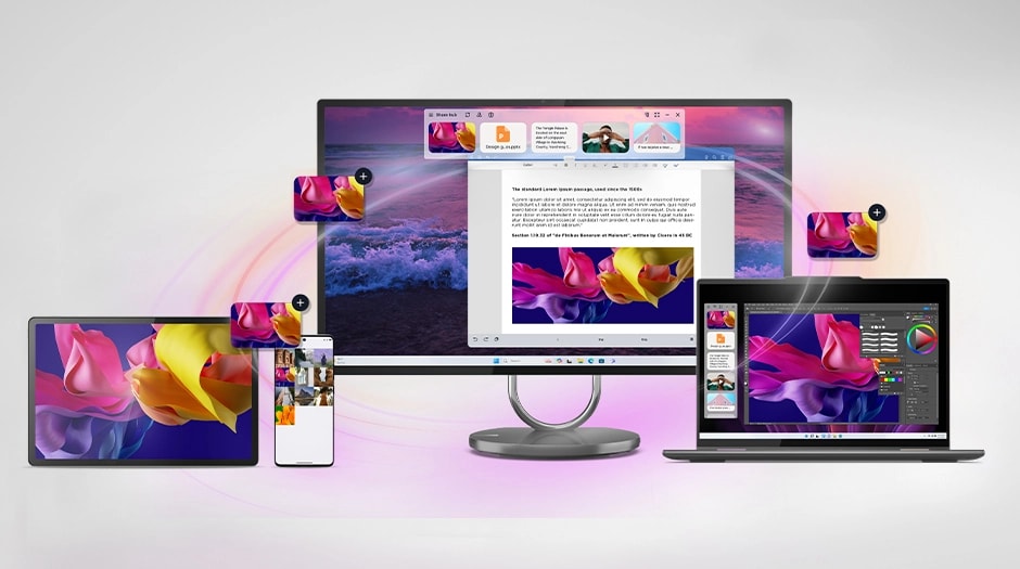 A Lenovo Idea Tab Plus tablet, a mobile phone, a Lenovo monitor, and a Lenovo laptop, sharing an image of flowers טאבלט Idea Tab Plus&nbsp;TB361FU ZAG70963IL Wi-Fi 12GB/256GB&nbsp;מבית&nbsp;Lenovo