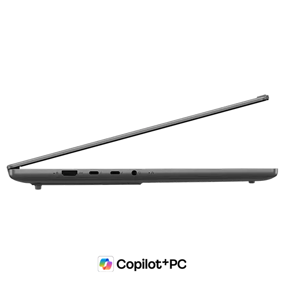Left view of a partially opened Luna Grey Lenovo IdeaPad Pro 5i Gen 11 (16” Intel) with a Copilot+ logo beneath it.