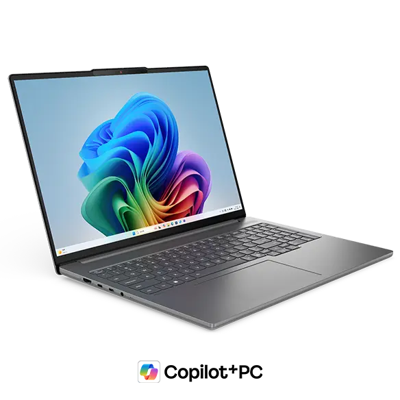 Front left view of a Luna Grey Lenovo IdeaPad Pro 5i Gen 11 (16” Intel) with a Copilot+ logo beneath it.