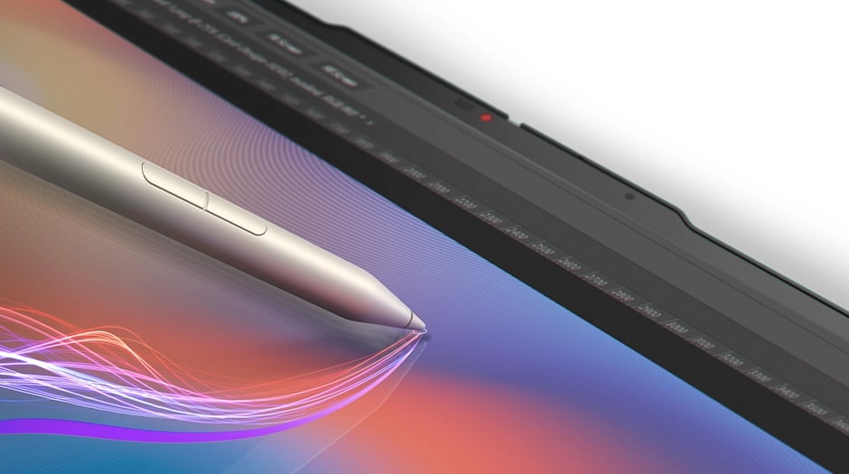 Close-up of a Yoga Pen Gen 2 touching a Lenovo Yoga 7a 2-in-1 Gen 11 (14" AMD) laptop display