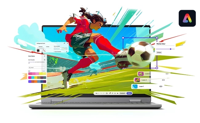 An animated soccer player emerges from the display of a Lenovo IdeaPad Pro 5i Gen 11 (16” Intel) with an Adobe icon in the upper right corner. מחשב נייד IdeaPad Pro 5 16IPH11 83SK001YIV מבית Lenovo