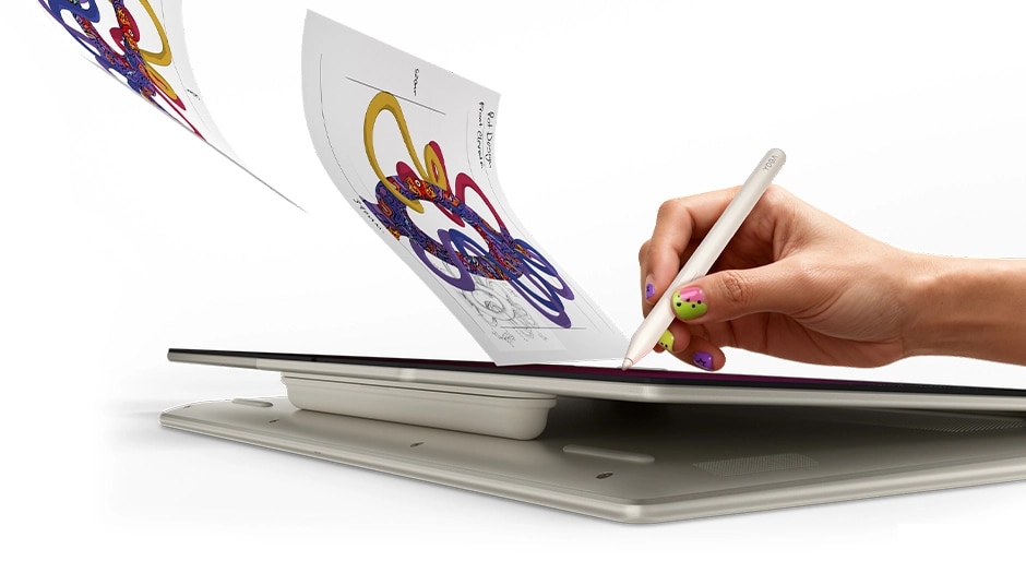 Close-up of a hand holding a Yoga Pen Gen 2 to a Lenovo Yoga 7a 2-in-1 Gen 11 (14" AMD) laptop display in tablet mode as illustrated pages appear to burst out of the display