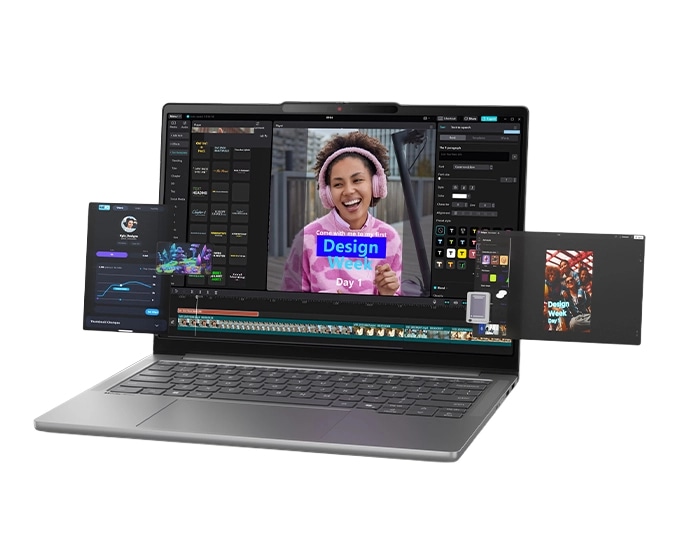 Front right view of the Lenovo IdeaPad Pro 5i Gen 11 (16” Intel) with video editing app interfaces hovering in front of the display. מחשב נייד IdeaPad Pro 5 16IPH11 83SK001YIV מבית Lenovo