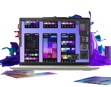Una laptop Lenovo Yoga 7a 2 en 1 Gen 11 (14" AMD) muestra tarjetas de color Pantone en su pantalla ya que los colores parecen salir de la pantalla, con más tarjetas de color en la parte delantera de la laptop