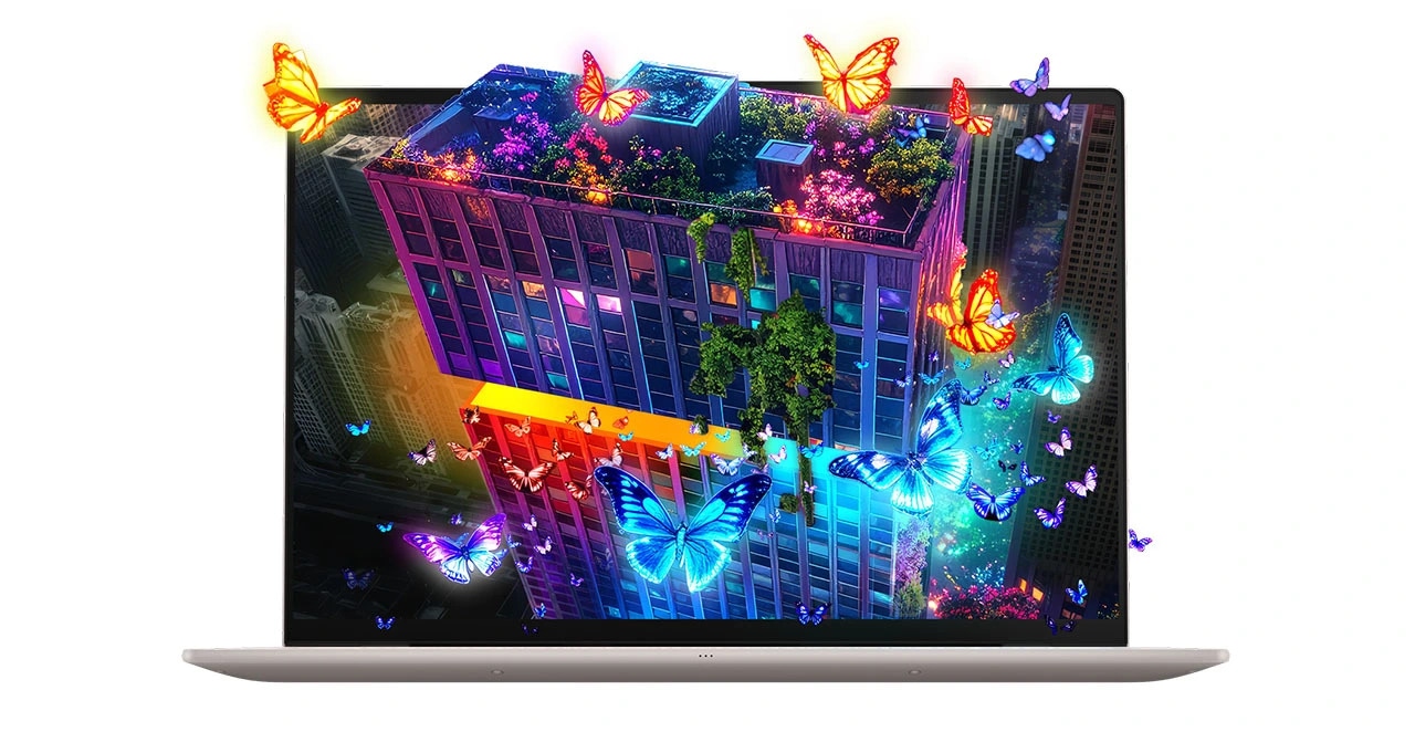 Lenovo Yoga Slim 7i Ultra Gen 11 Aura Edition 14 Front view, with skyscrapers and colorful butterflies emerging from the display, of the Lenovo Yoga Slim 7i Ultra Gen 11 Aura Edition (14” Intel).