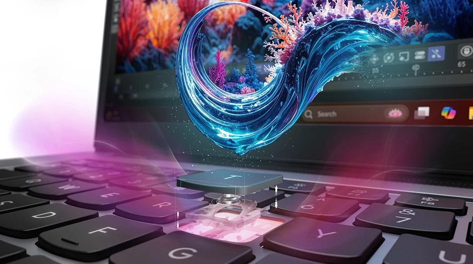 Closeup breakout view of the keyboard on the Lenovo Yoga Pro 7i Gen 11 Aura Edition (15&rdquo; Intel). מחשב נייד Yoga Pro 7&nbsp;Aura Edition 15IPH11 83SN002PIV&nbsp;מבית Lenovo