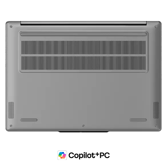 Bottom view of a Luna Grey Lenovo IdeaPad Pro 5i Gen 11 (14” Intel) with a Copilot+ logo beneath it.