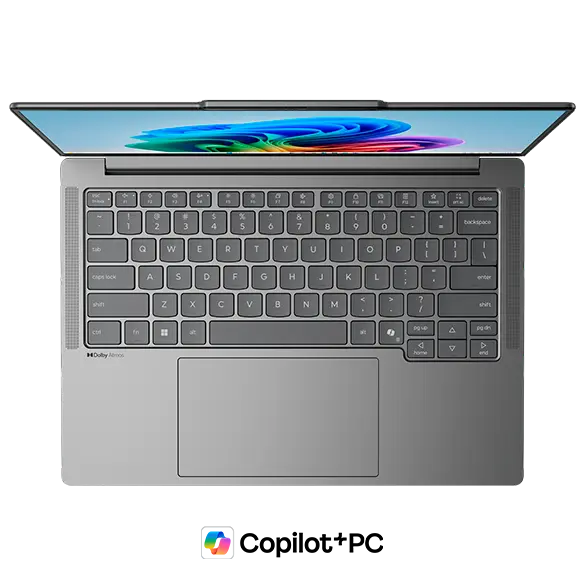 Top view, showing keyboard, of the Luna Grey Lenovo IdeaPad Pro 5i Gen 11 (14” Intel) with a Copilot+ logo beneath it.