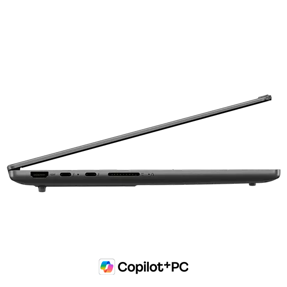 Left view of a partially opened Luna Grey Lenovo IdeaPad Pro 5i Gen 11 (14” Intel) with a Copilot+ logo beneath it.
