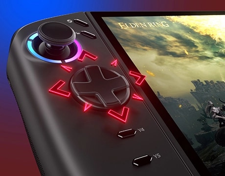 Close-up of illuminated D-pad and joystick with 'Elden Ring' on screen, on the Lenovo Legion Go Gen 2 handheld.