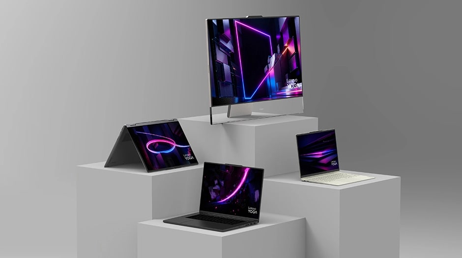 Lenovo Yoga Slim 7i Ultra Gen 11 Aura Edition 14 Three Lenovo Aura Edition laptops and an Aura Edition all-in-one desktop on a pedestal.