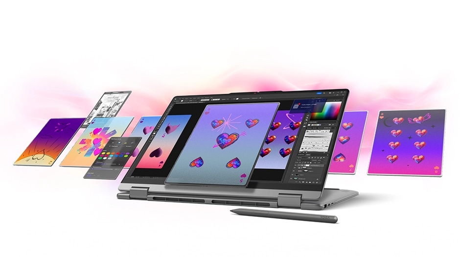 Presentation mode view, with windows containing hearts surrounding it and a pen in front of it, of the Lenovo Yoga 2-in-1 Gen 11 Aura Edition (14” Intel). מחשב נייד Yoga 7 2-in-1 14IPH11 83TC004MIV מבית Lenovo